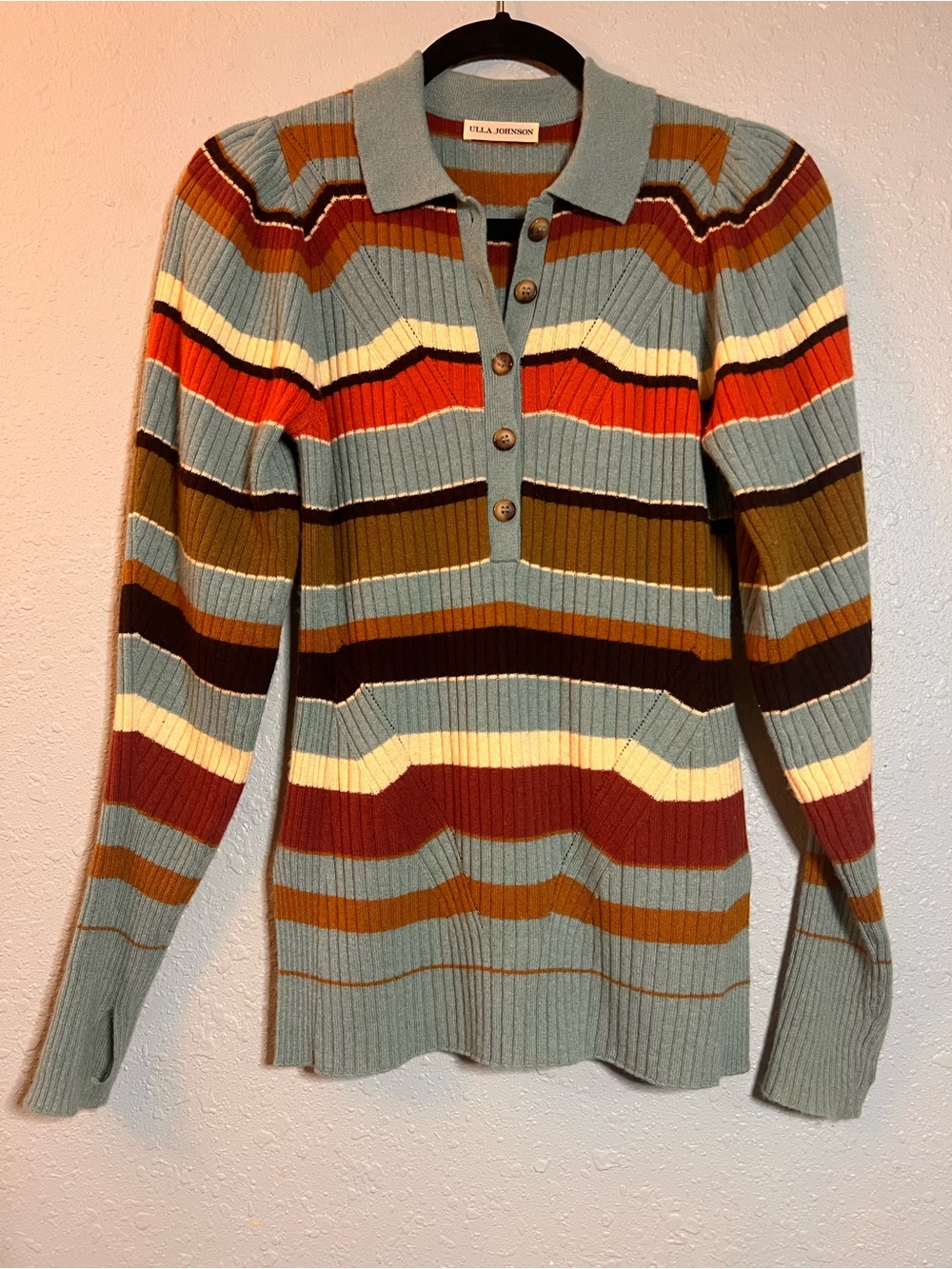 Ulla Johnson Wool Cashmere Striped Ribbed Henley Sweater Size S